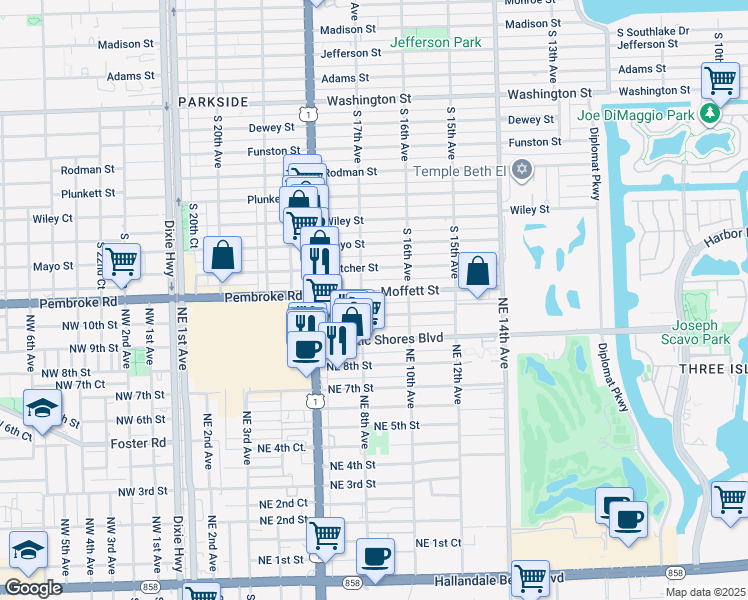 map of restaurants, bars, coffee shops, grocery stores, and more near 800 Moffett Street in Hallandale Beach