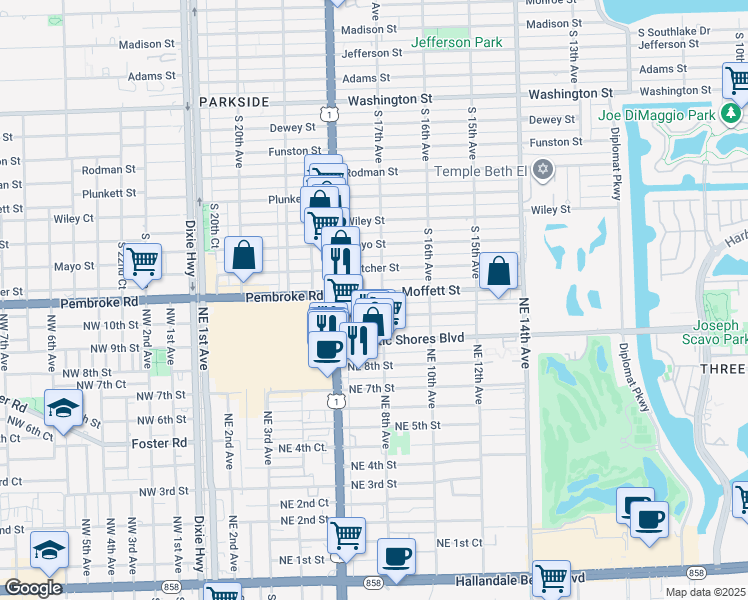 map of restaurants, bars, coffee shops, grocery stores, and more near 800 Moffett Street in Hallandale Beach