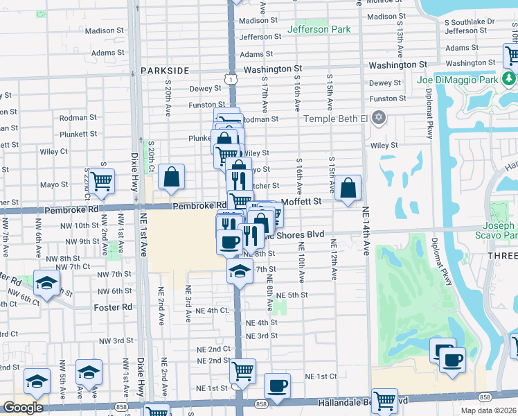 map of restaurants, bars, coffee shops, grocery stores, and more near 800 Moffett Street in Hallandale Beach