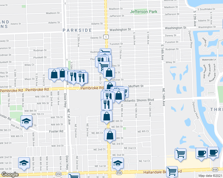 map of restaurants, bars, coffee shops, grocery stores, and more near 616 Moffett Street in Hallandale Beach