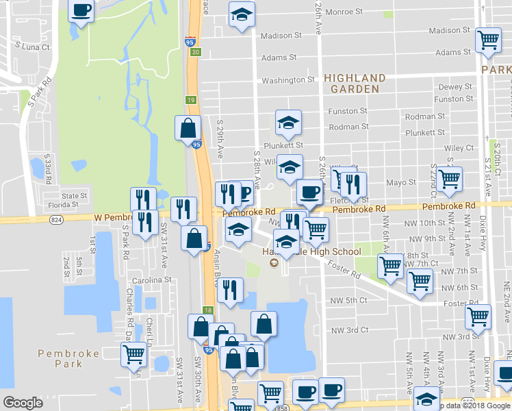 map of restaurants, bars, coffee shops, grocery stores, and more near 2801 Pembroke Road in Hollywood