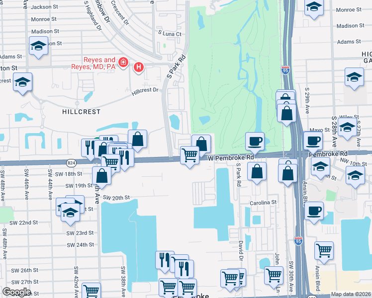 map of restaurants, bars, coffee shops, grocery stores, and more near 3244 Florida Street in Hollywood