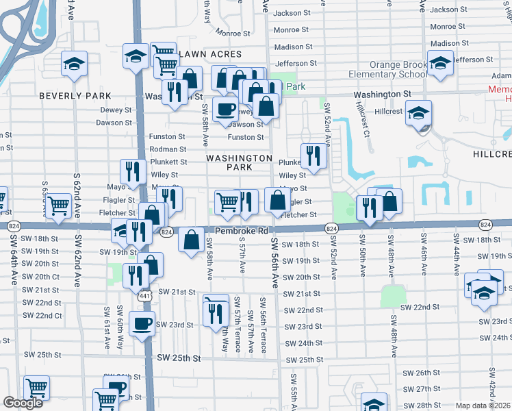 map of restaurants, bars, coffee shops, grocery stores, and more near 5680 Flagler Street in Hollywood