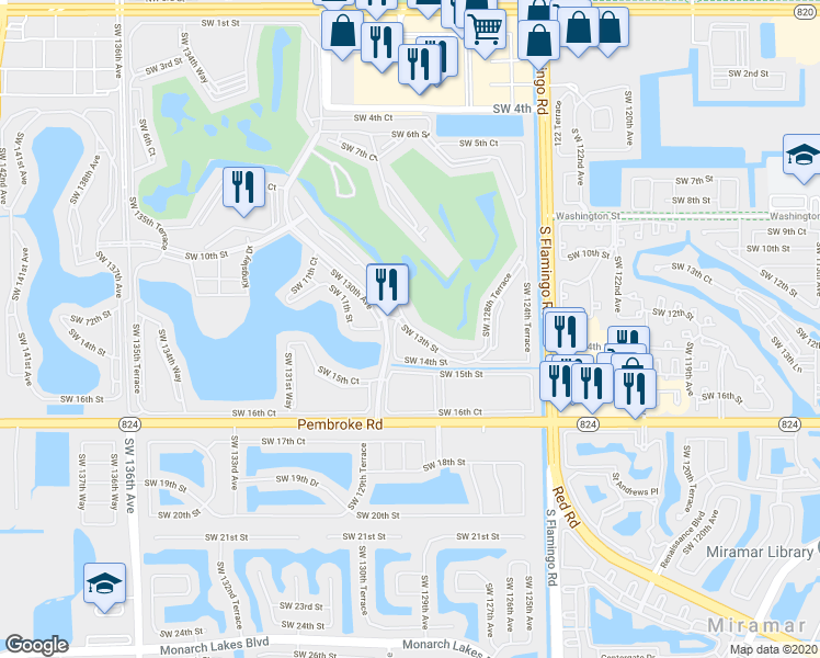 map of restaurants, bars, coffee shops, grocery stores, and more near 1401 Southwest 128th Terrace in Pembroke Pines