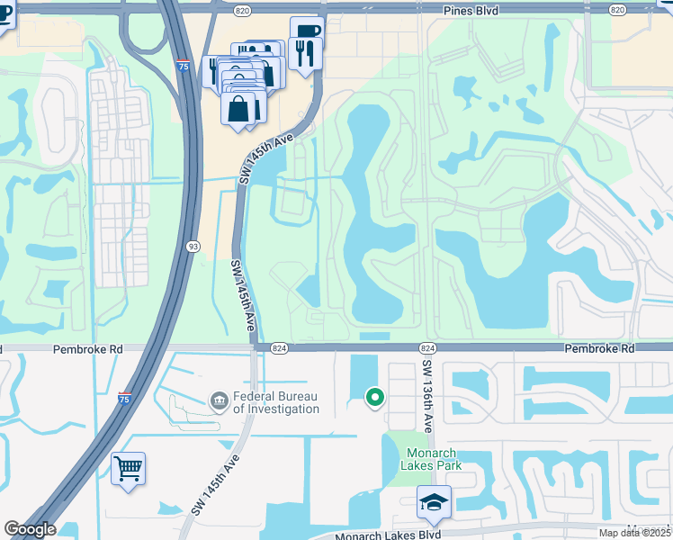 map of restaurants, bars, coffee shops, grocery stores, and more near 1301 Southwest 142nd Avenue in Pembroke Pines