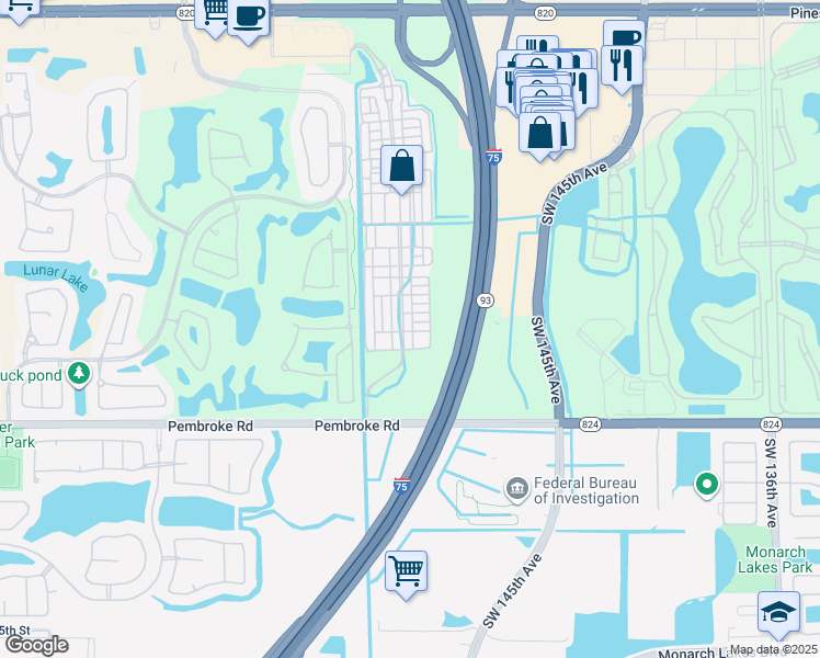 map of restaurants, bars, coffee shops, grocery stores, and more near 14607 Southwest 15th Street in Pembroke Pines