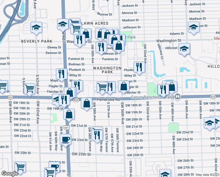 map of restaurants, bars, coffee shops, grocery stores, and more near 5680 Flagler Street in Hollywood