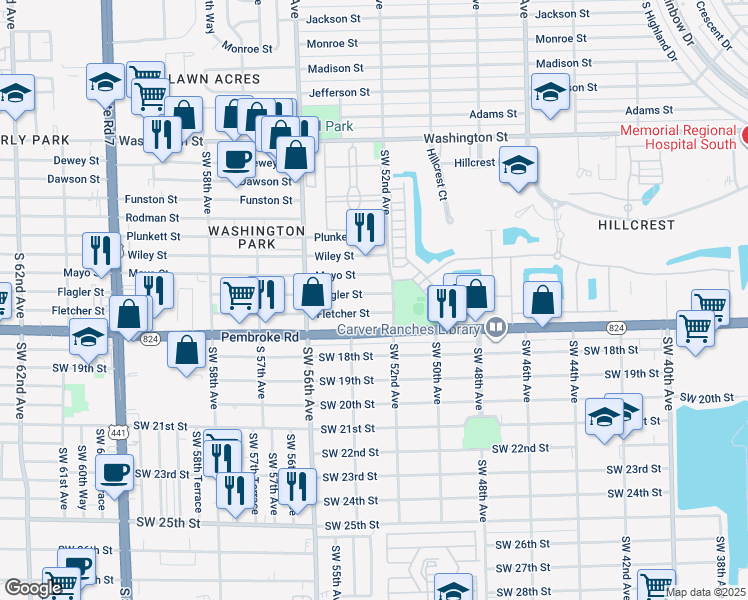 map of restaurants, bars, coffee shops, grocery stores, and more near 5224 Flagler Street in Hollywood