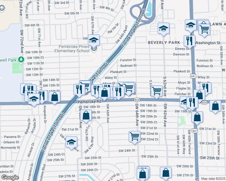 map of restaurants, bars, coffee shops, grocery stores, and more near 6512 Flagler Street in Hollywood