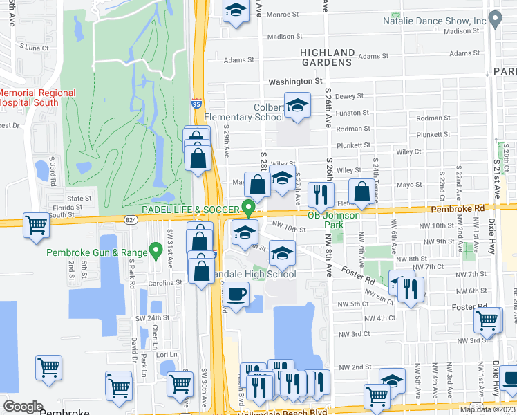 map of restaurants, bars, coffee shops, grocery stores, and more near 2801 Pembroke Road in Hollywood
