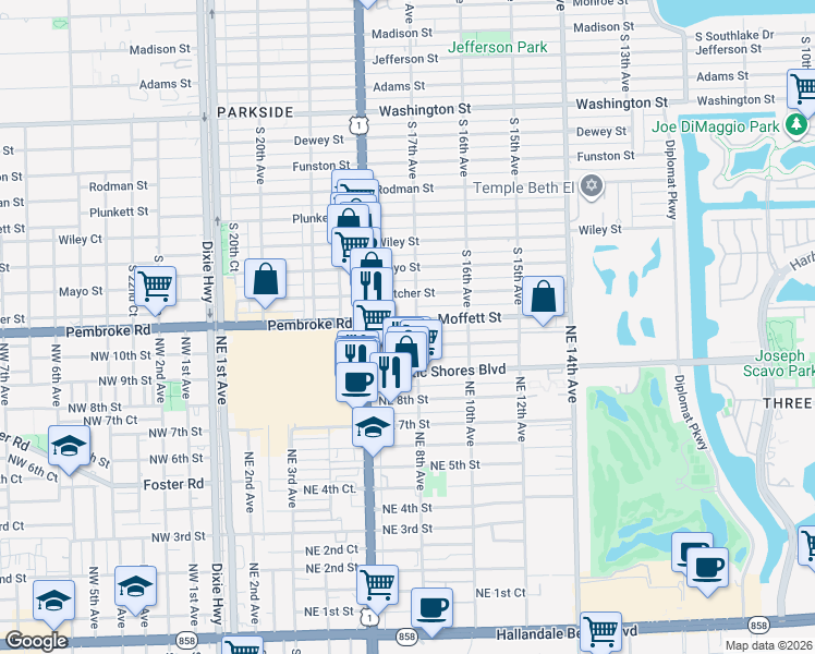 map of restaurants, bars, coffee shops, grocery stores, and more near 800 Moffett Street in Hallandale Beach