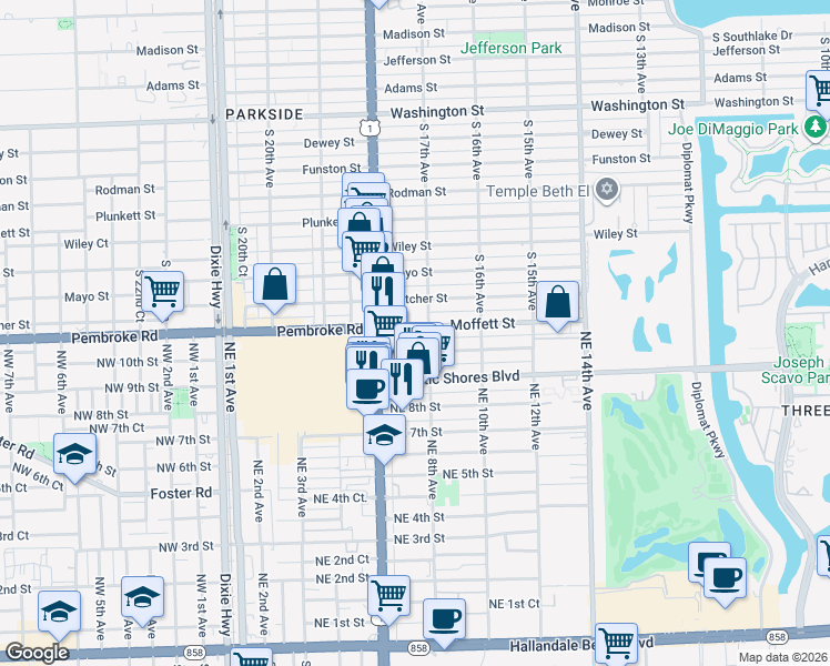 map of restaurants, bars, coffee shops, grocery stores, and more near 800 Moffett Street in Hallandale Beach