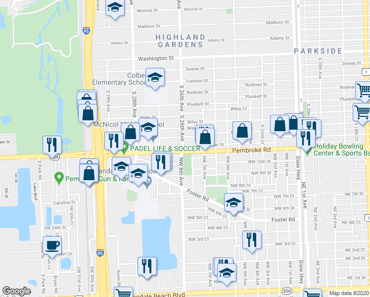 map of restaurants, bars, coffee shops, grocery stores, and more near 2558 Fletcher Street in Hollywood