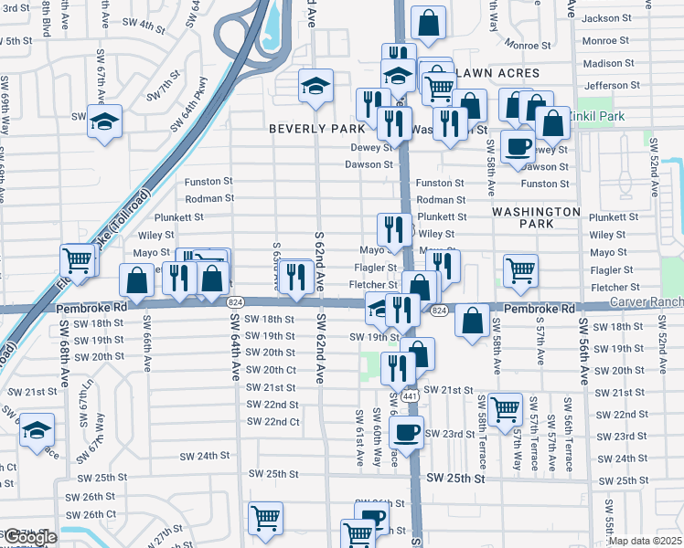 map of restaurants, bars, coffee shops, grocery stores, and more near 6130 Flagler Street in Hollywood