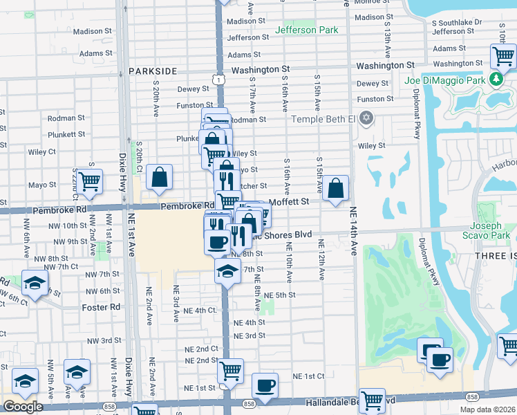map of restaurants, bars, coffee shops, grocery stores, and more near 800 Moffett Street in Hallandale Beach