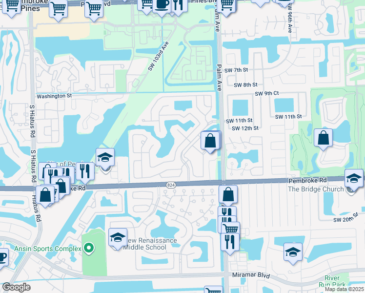 map of restaurants, bars, coffee shops, grocery stores, and more near 1331 Southwest 102nd Avenue in Pembroke Pines
