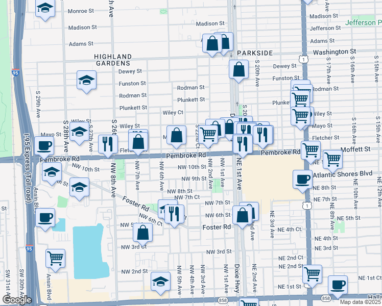 map of restaurants, bars, coffee shops, grocery stores, and more near 2245 Pembroke Road in Hollywood