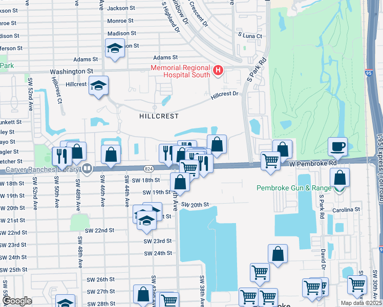 map of restaurants, bars, coffee shops, grocery stores, and more near 3811 Pembroke Road in Hollywood