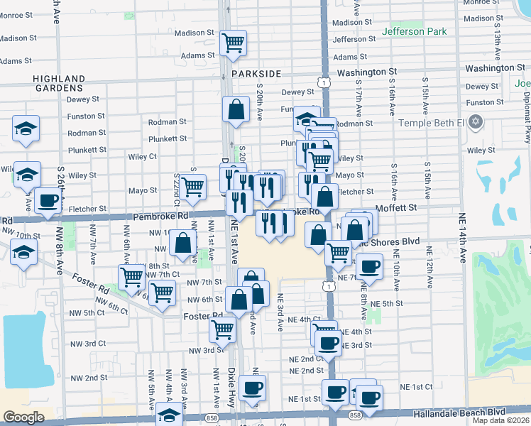map of restaurants, bars, coffee shops, grocery stores, and more near 1910 Pembroke Road in Hallandale Beach