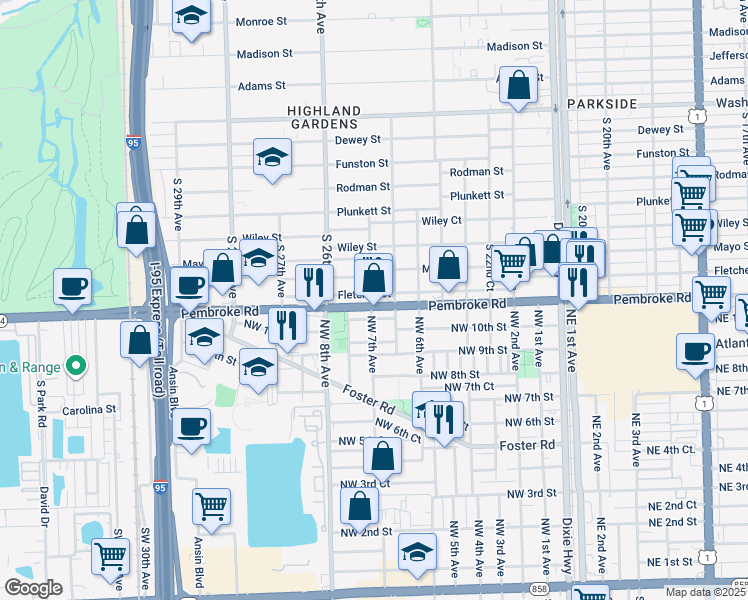 map of restaurants, bars, coffee shops, grocery stores, and more near 2502 Fletcher Street in Hollywood