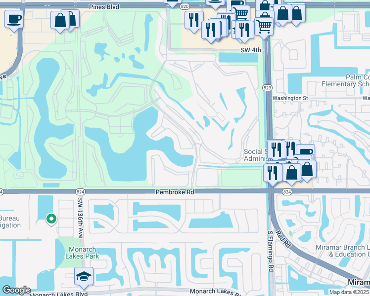 map of restaurants, bars, coffee shops, grocery stores, and more near 12900 Southwest 13th Street in Pembroke Pines
