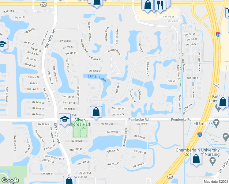 map of restaurants, bars, coffee shops, grocery stores, and more near 1465 Southwest 157th Avenue in Pembroke Pines