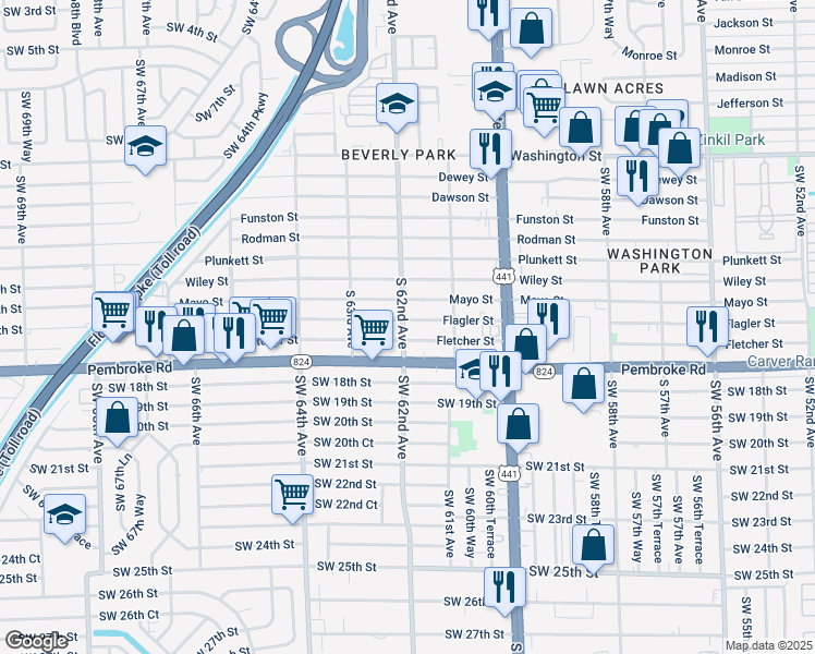 map of restaurants, bars, coffee shops, grocery stores, and more near 6160 Flagler Street in Hollywood