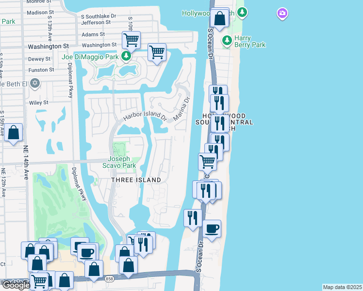 map of restaurants, bars, coffee shops, grocery stores, and more near 1000 Parkview Drive in Hallandale Beach