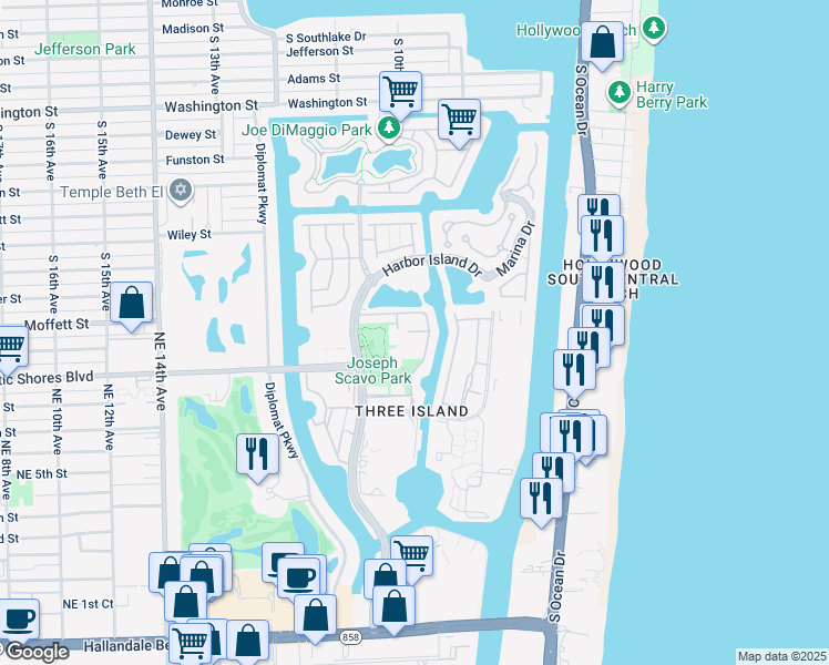 map of restaurants, bars, coffee shops, grocery stores, and more near 934 Northeast 25th Avenue in Hallandale Beach