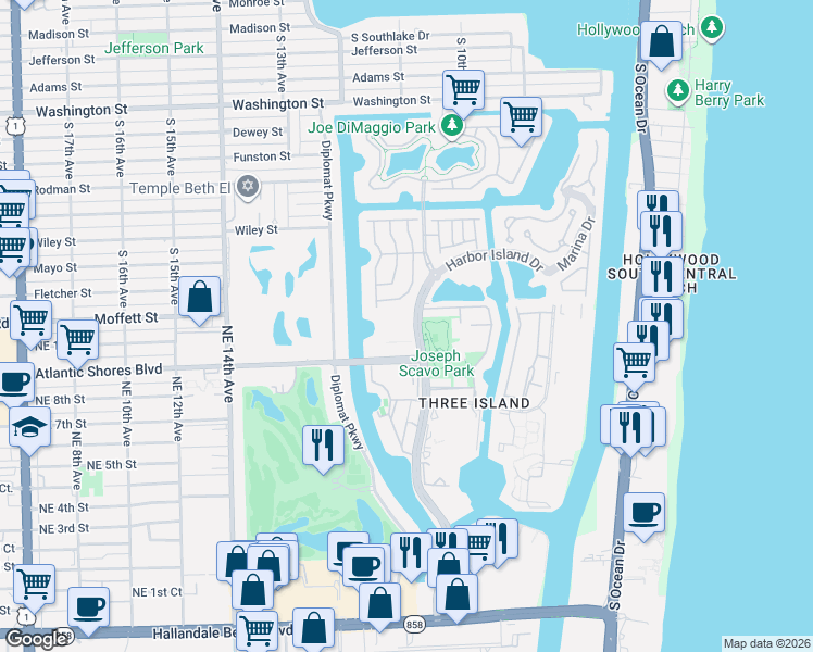 map of restaurants, bars, coffee shops, grocery stores, and more near 2200 Northeast 11th Street in Hallandale Beach