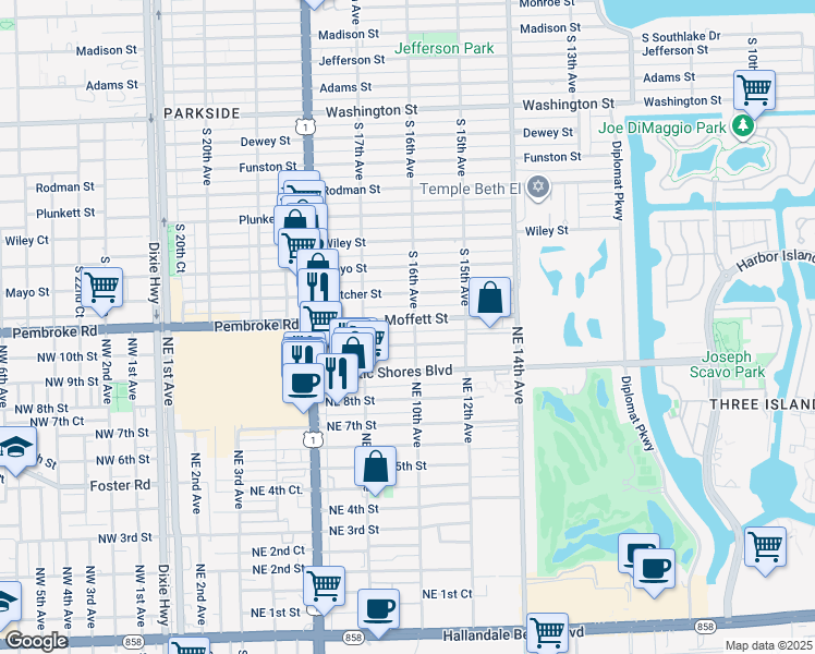 map of restaurants, bars, coffee shops, grocery stores, and more near 924 Moffett Street in Hallandale Beach