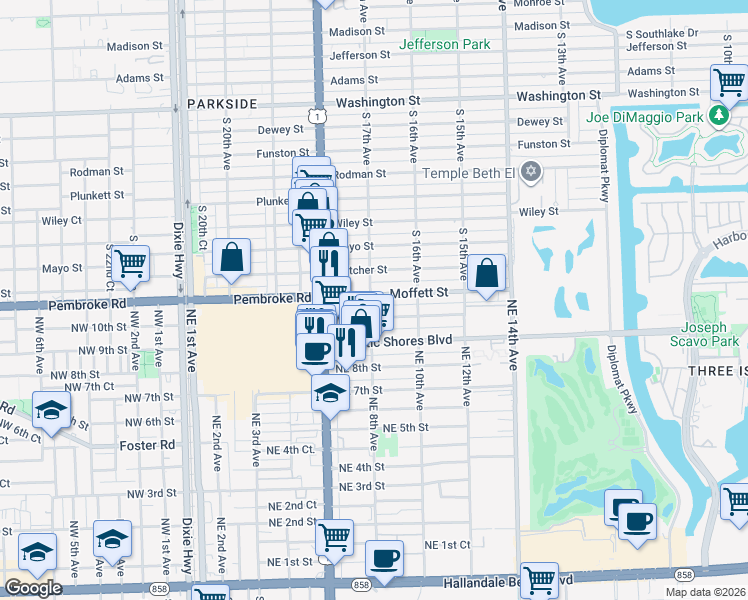 map of restaurants, bars, coffee shops, grocery stores, and more near 800 Moffett Street in Hallandale Beach
