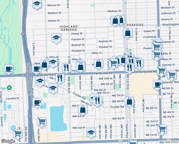 map of restaurants, bars, coffee shops, grocery stores, and more near 2441 Pembroke Road in Hollywood