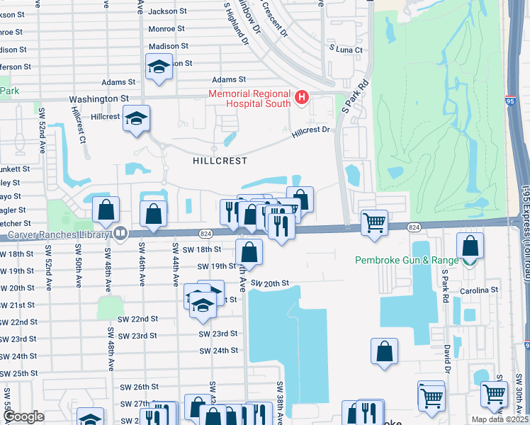 map of restaurants, bars, coffee shops, grocery stores, and more near 3811 Pembroke Road in Hollywood