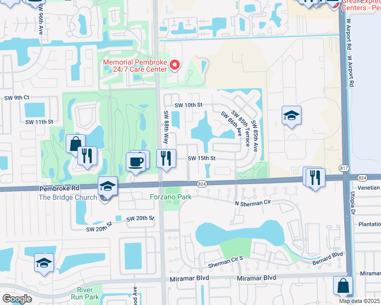 map of restaurants, bars, coffee shops, grocery stores, and more near 1440 Southwest 87th Terrace in Pembroke Pines