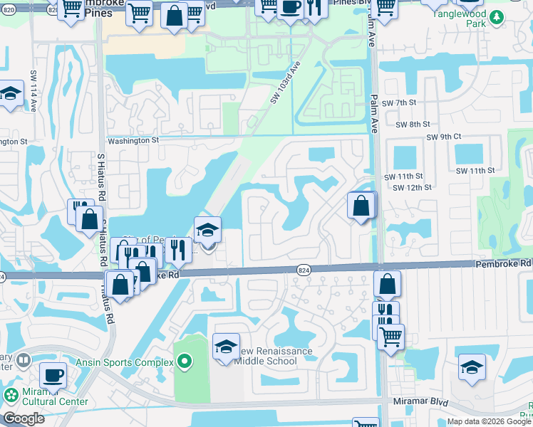 map of restaurants, bars, coffee shops, grocery stores, and more near 1375 Southwest 105th Avenue in Pembroke Pines