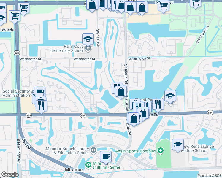 map of restaurants, bars, coffee shops, grocery stores, and more near 1282 Southwest 113th Way in Pembroke Pines