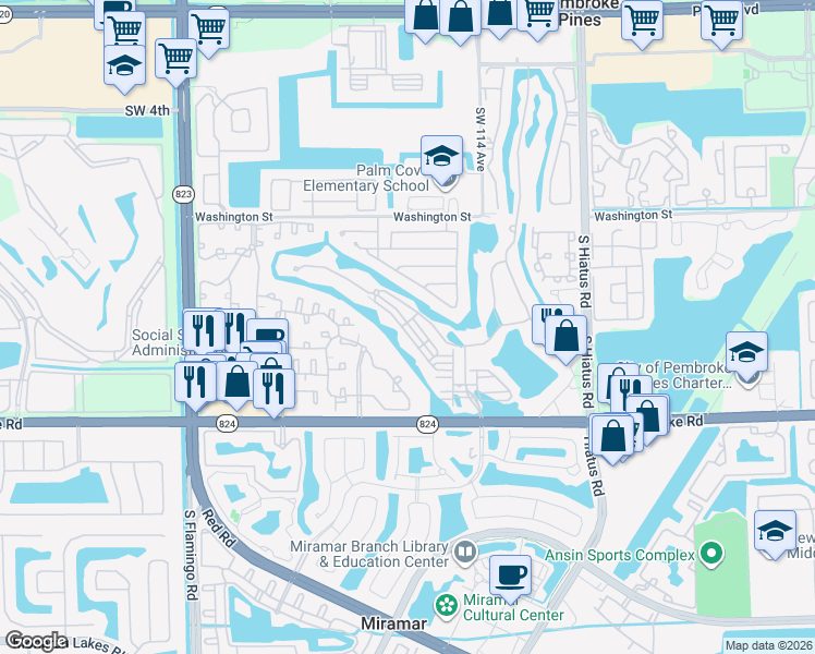 map of restaurants, bars, coffee shops, grocery stores, and more near 11652 Southwest 13th Court in Pembroke Pines