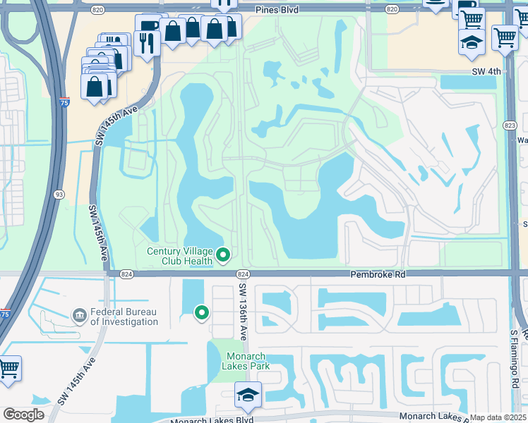 map of restaurants, bars, coffee shops, grocery stores, and more near 1301 Southwest 134th Way in Pembroke Pines