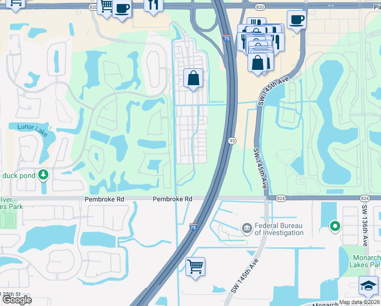 map of restaurants, bars, coffee shops, grocery stores, and more near 1425 Southwest 147th Terrace in Pembroke Pines