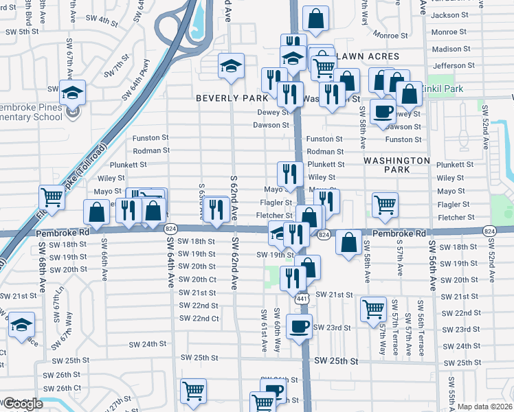 map of restaurants, bars, coffee shops, grocery stores, and more near 6108 Flagler Street in Hollywood