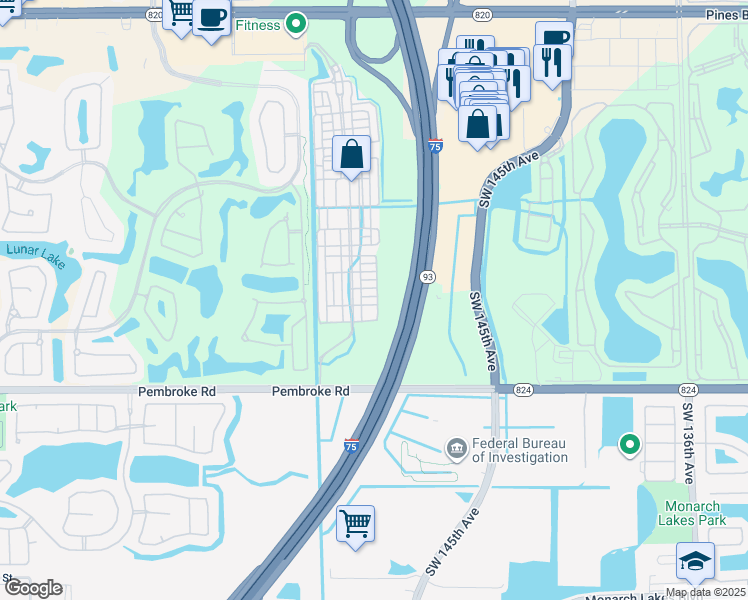 map of restaurants, bars, coffee shops, grocery stores, and more near 14607 Southwest 15th Street in Pembroke Pines