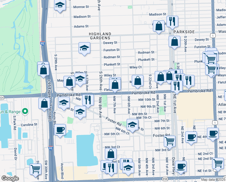 map of restaurants, bars, coffee shops, grocery stores, and more near 2502 Fletcher Street in Hollywood