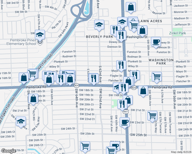 map of restaurants, bars, coffee shops, grocery stores, and more near 6230 Flagler Street in Hollywood
