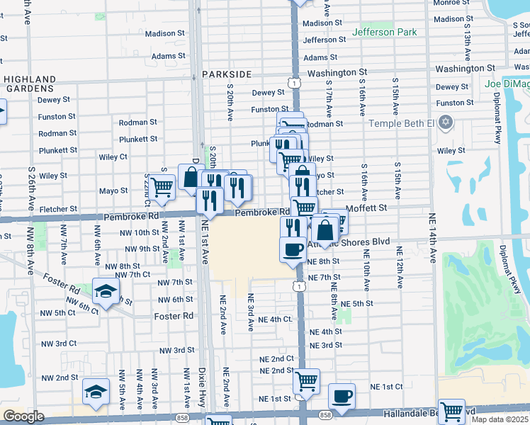 map of restaurants, bars, coffee shops, grocery stores, and more near 2002 East Pembroke Road in Hallandale Beach