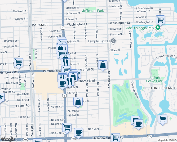 map of restaurants, bars, coffee shops, grocery stores, and more near 924 Moffett Street in Hallandale Beach