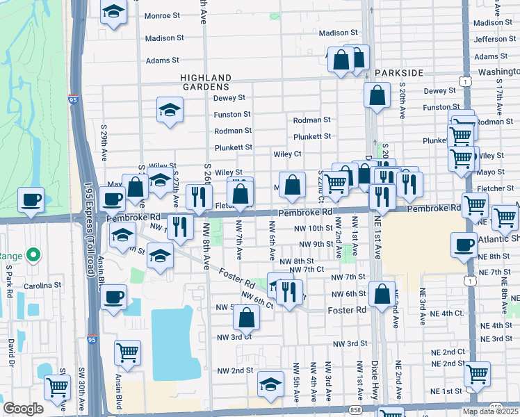 map of restaurants, bars, coffee shops, grocery stores, and more near 2441 Pembroke Road in Hollywood