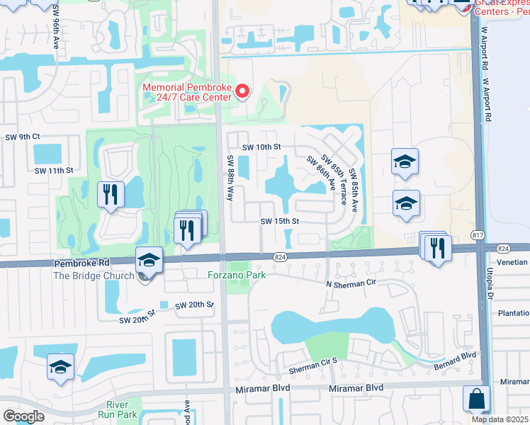 map of restaurants, bars, coffee shops, grocery stores, and more near 1440 Southwest 87th Terrace in Pembroke Pines