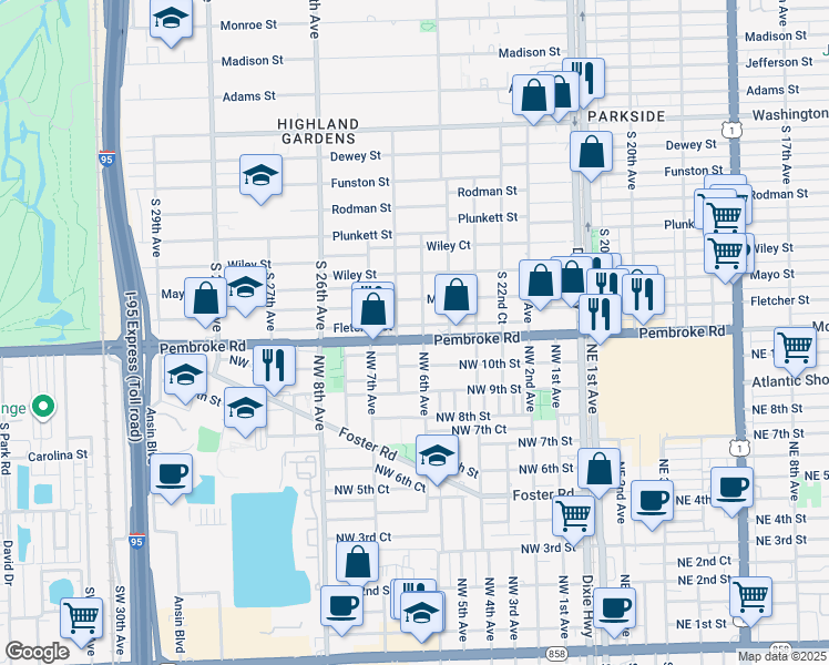 map of restaurants, bars, coffee shops, grocery stores, and more near 2441 Pembroke Road in Hollywood