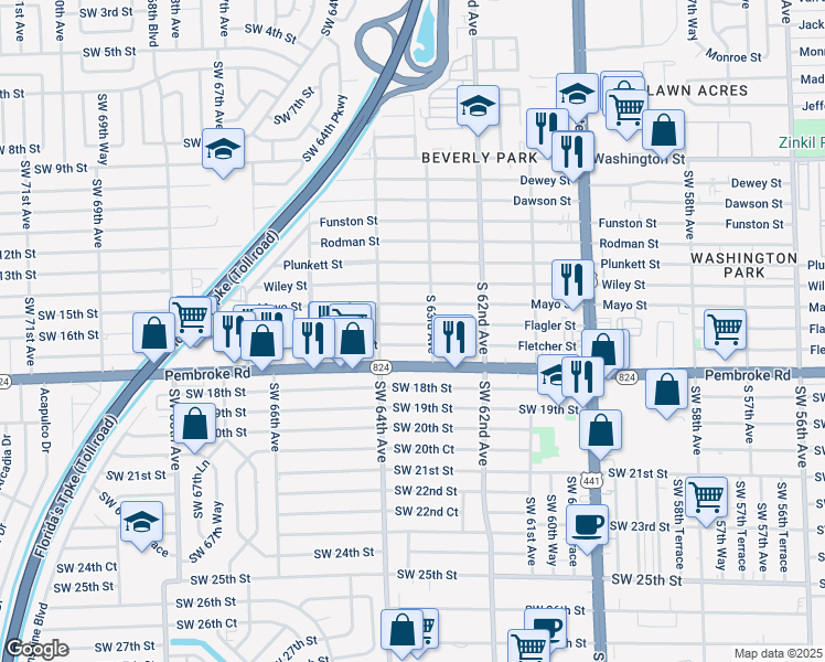map of restaurants, bars, coffee shops, grocery stores, and more near 6318 Flagler Street in Hollywood
